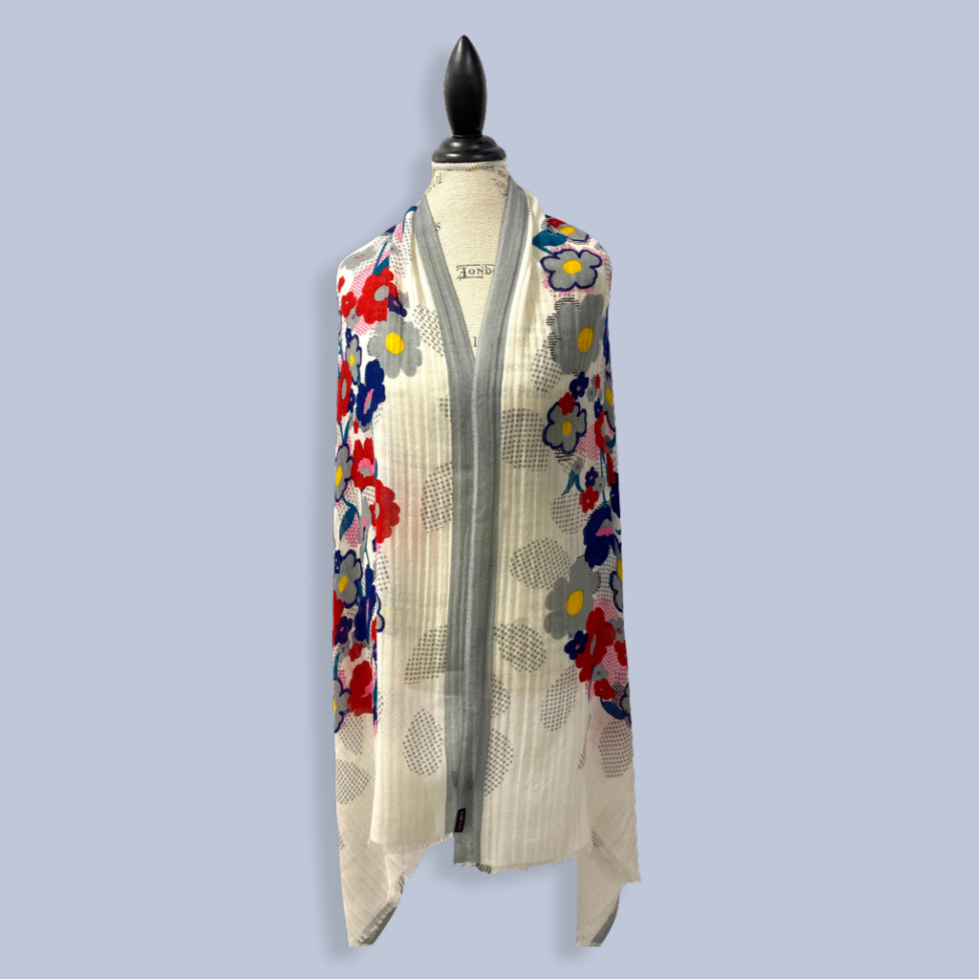 Floral patterned cardigan on a mannequin against a light blue background