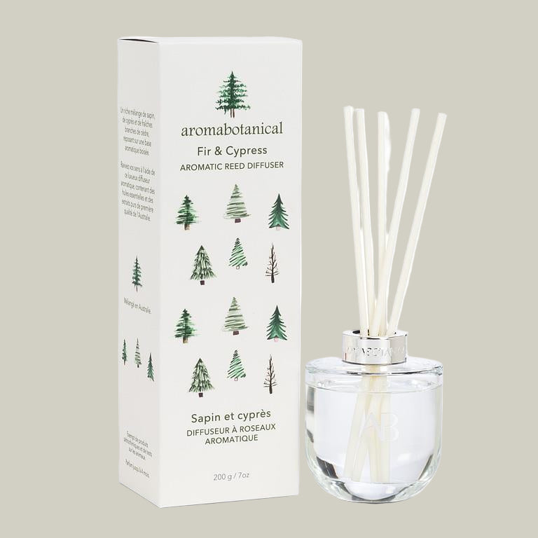 Aromabotanical Fir & Cypress aromatic reed diffuser with packaging on a white background
