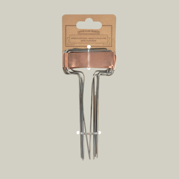 Copper plant markers on a beige background