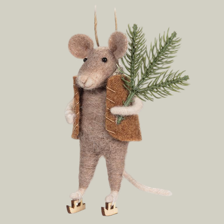 Felt mouse ornament wearing a vest and holding a branch on a white background