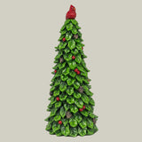 Decorative Christmas tree figurine with a red cardinal on top against a pale green background
