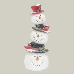 Stacked snowman figurine with colorful hats on a white background