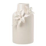 White ceramic vase with crackle glaze and  sculpted floral appliqué on a white background
