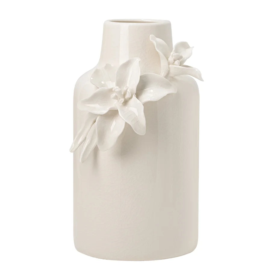 White ceramic vase with crackle glaze and  sculpted floral appliqué on a white background