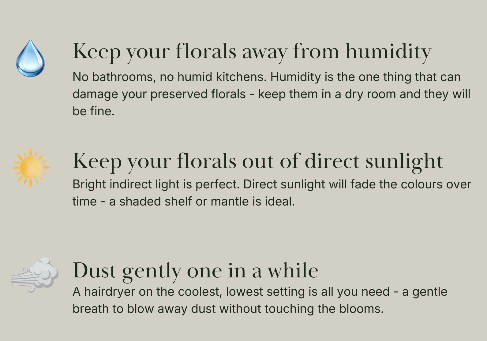 Instructions for preserving floral arrangements with icons and text on a beige background