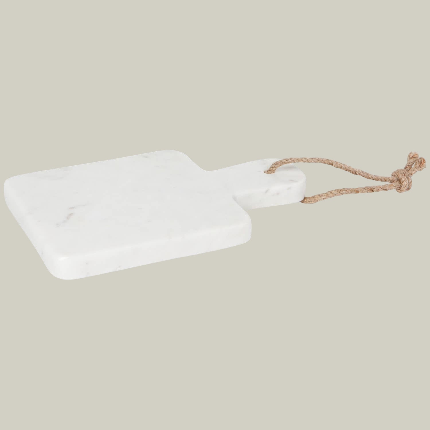 White marble cutting board with a rope handle on a white background