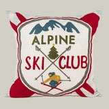 Decorative pillow with 'Alpine Ski Club' design featuring mountains, skiers, and trees.