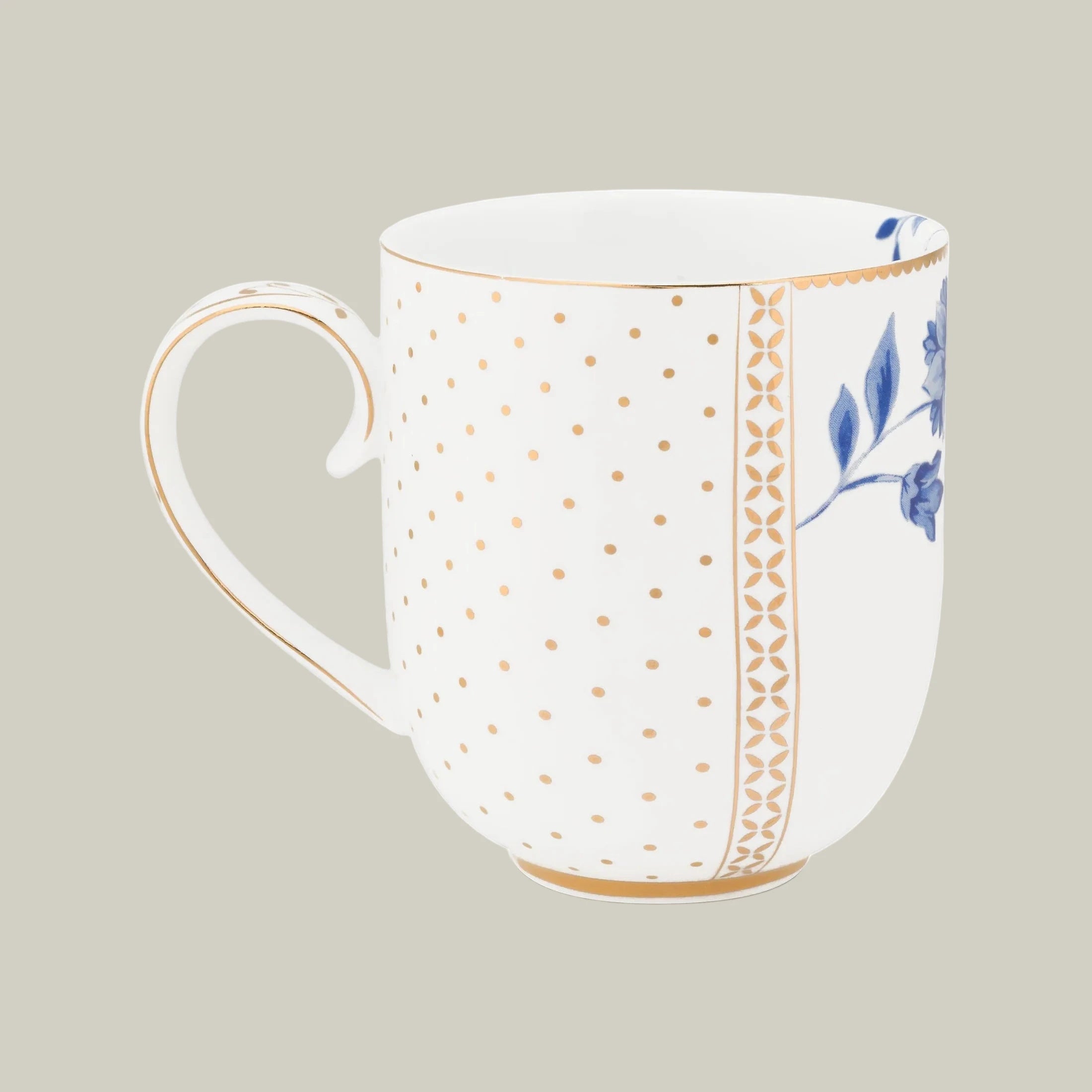 Porcelain mug from Pip Studio Royal White collection with blue floral design and gold accents.