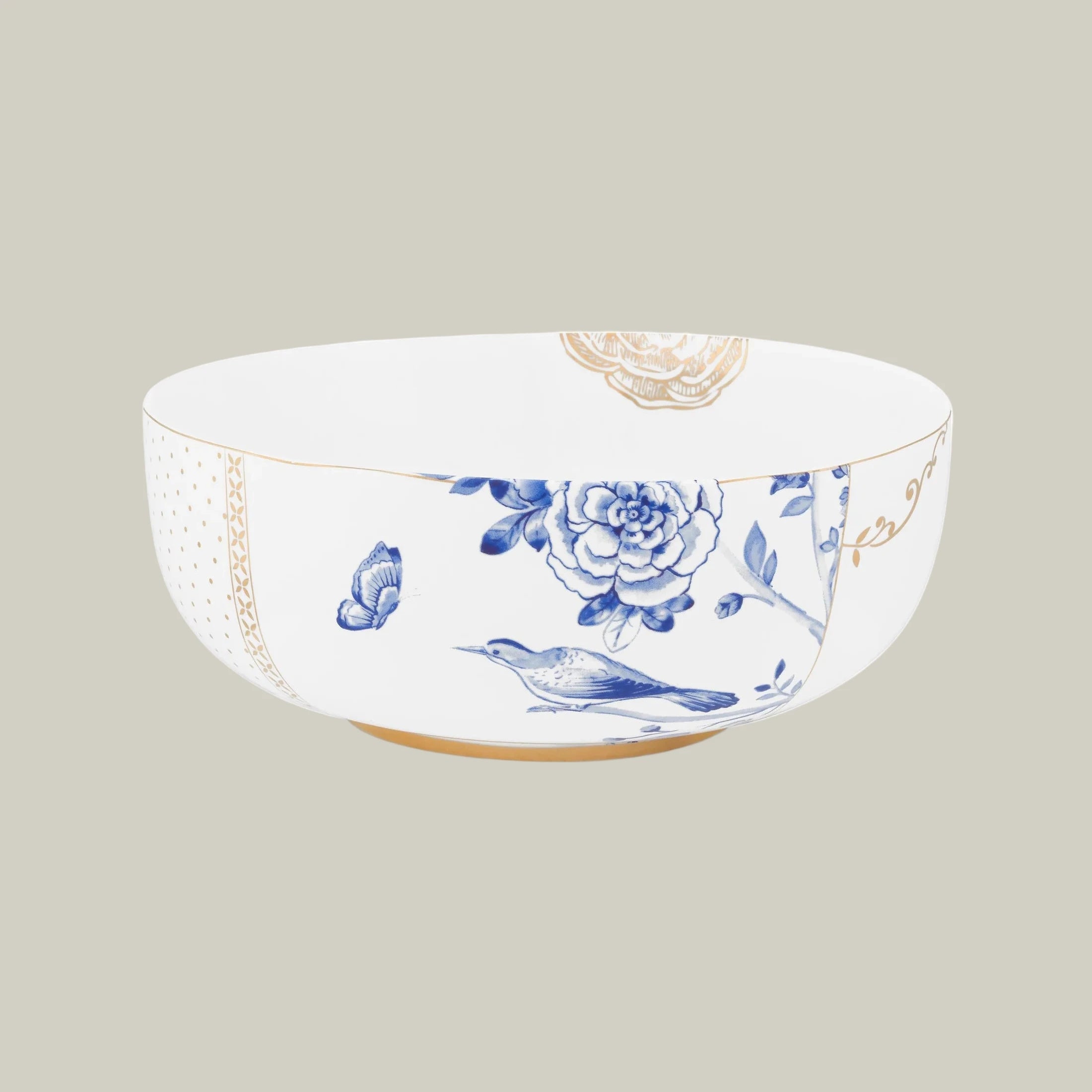 Porcelain bowl from Pip Studio Royal White collection with blue floral design and gold accents.