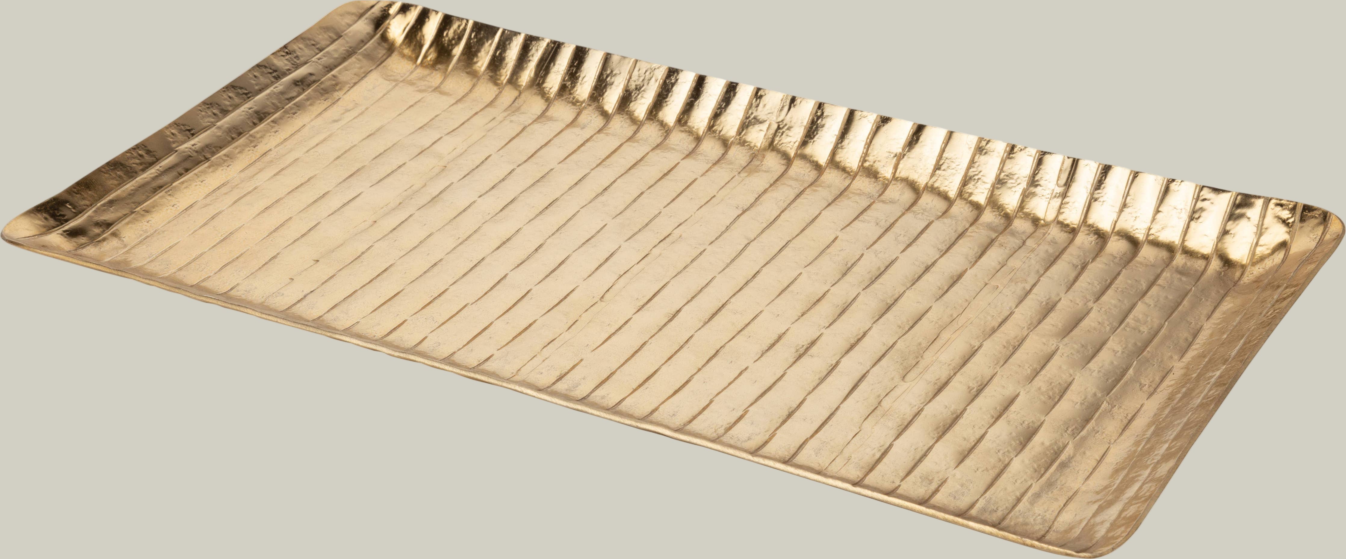 Gilded hearth tray featuring a rich gold finish and a beautiful, textured hammered aluminum surface.