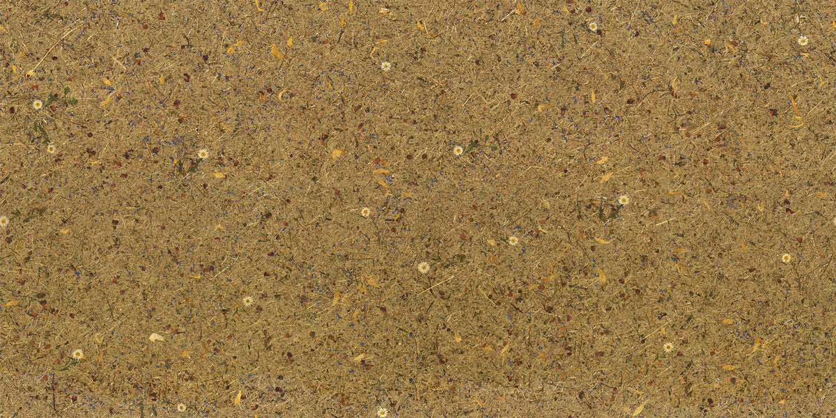 A close-up texture of a natural brown botanical wallcovering with fine petals and small scattered light-colored daisies.