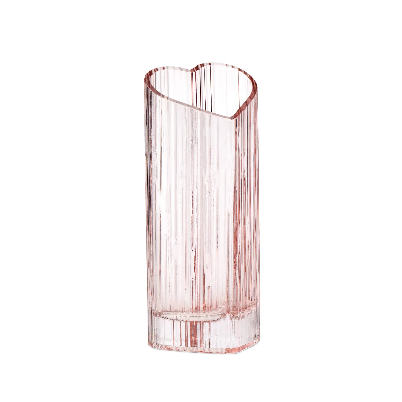 Blush heart shaped glass vase on a white background.