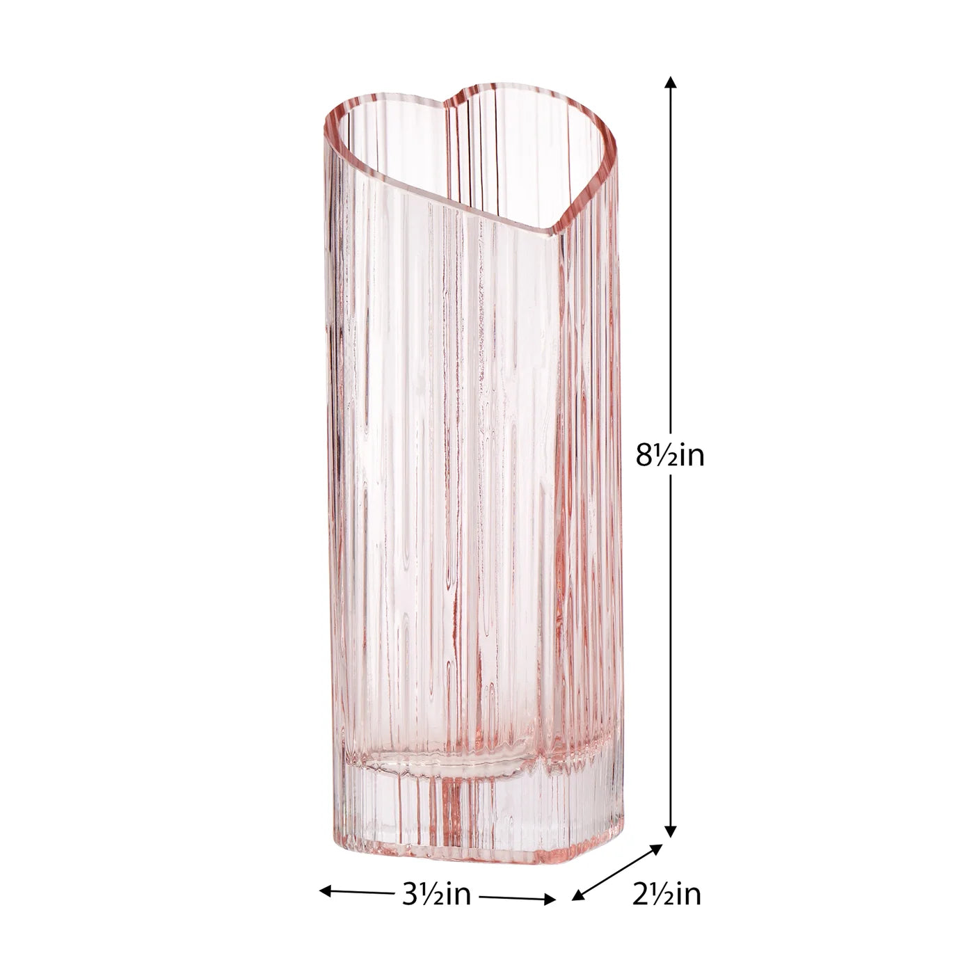 Blush coloured heart shaped glass vase on a white background with dimensions 8.5 inches tall, 2.5 inches wide, 3.5 inches deep.