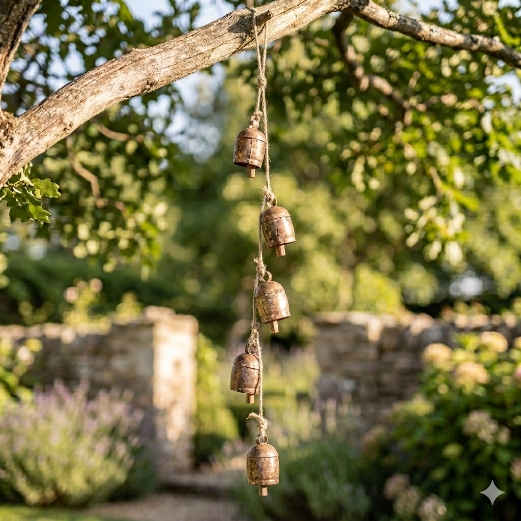 Decorative wind chime hanging from a tree branch with a natural background