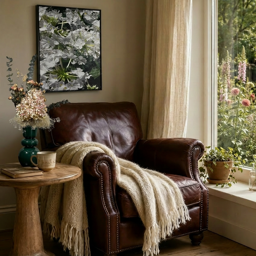 A cozy brown leather armchair sits by a large window with a cream throw blanket draped over it. A small wooden side table with flowers is beside the chair, and the window overlooks a lush garden with flowers and a stone path.