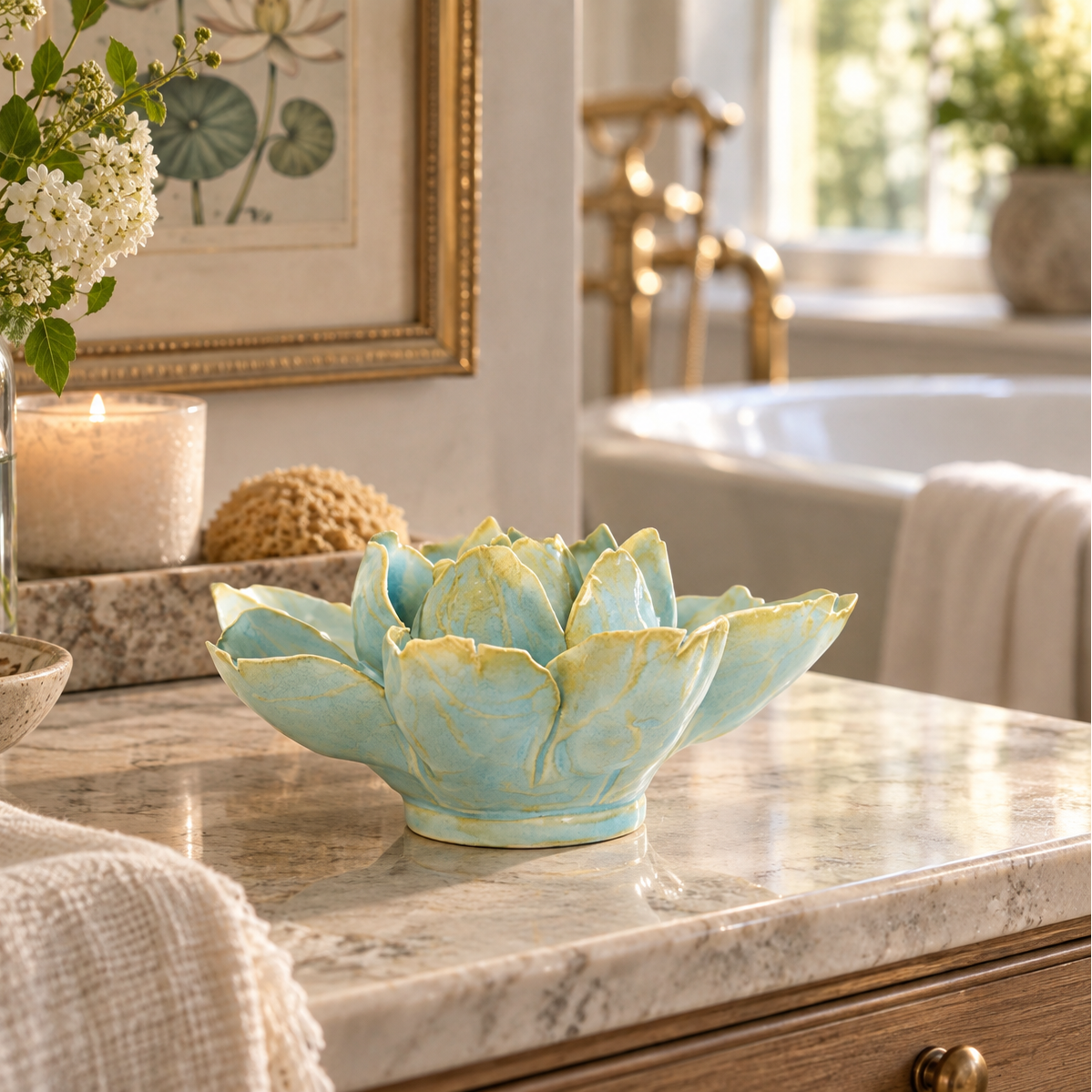 A light aqua and pale yellow ceramic water lily sculpture sits on a marble bathroom vanity next to a lit candle and flowers, with a bathtub and gold faucet in the softly blurred background.