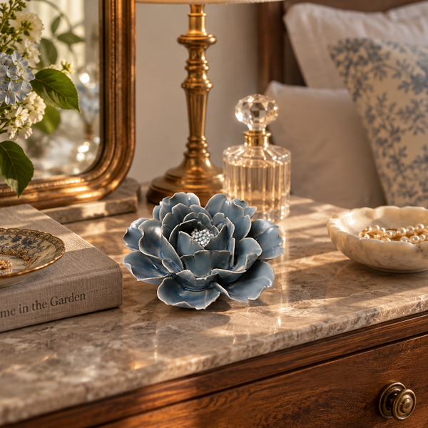A decorative blue peony ceramic flower with gold trim sits on a marble nightstand in a styled bedroom setting, surrounded by a brass table lamp, a glass perfume bottle, a bowl of pearls, and a book.