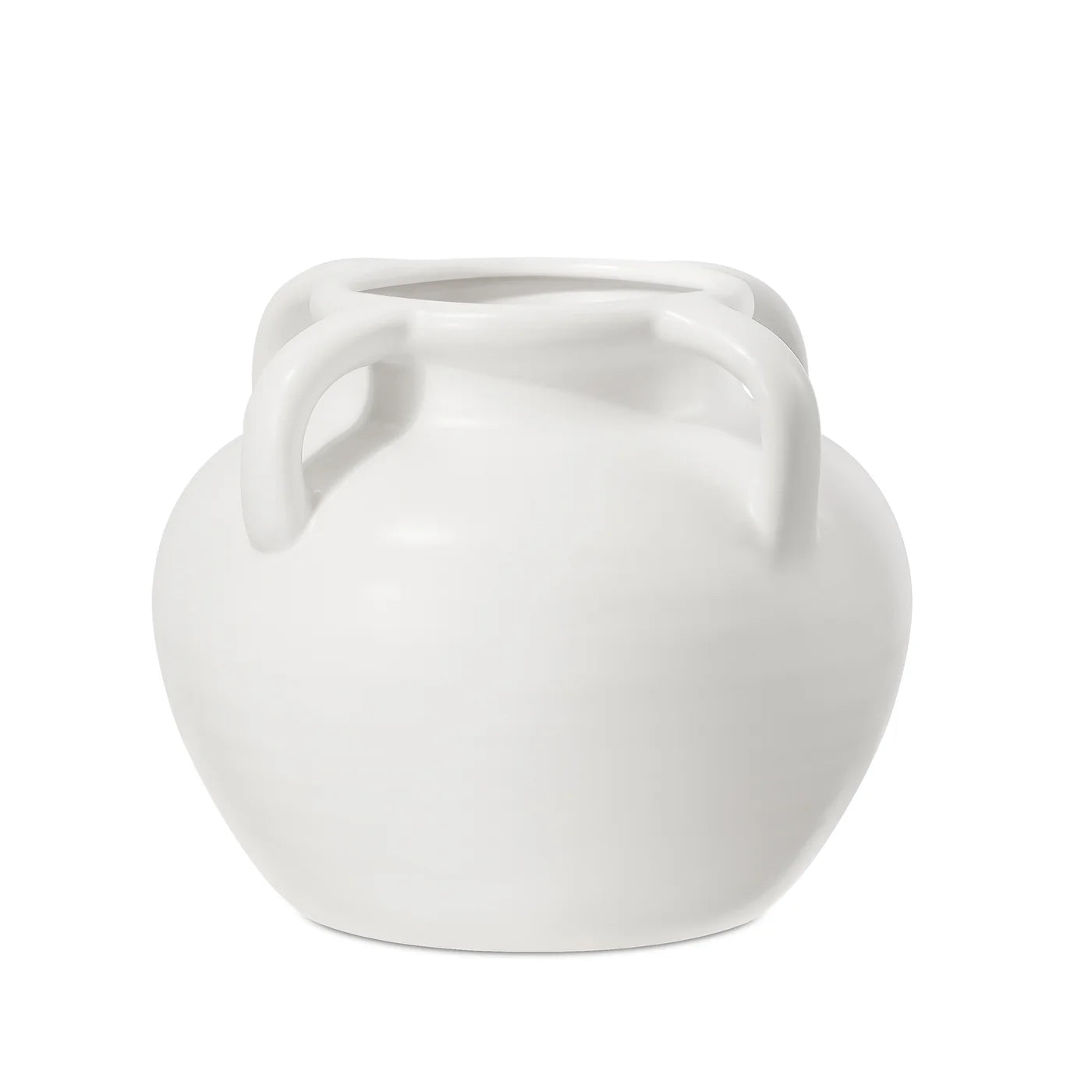 White ceramic vase with four loop handles on a white background