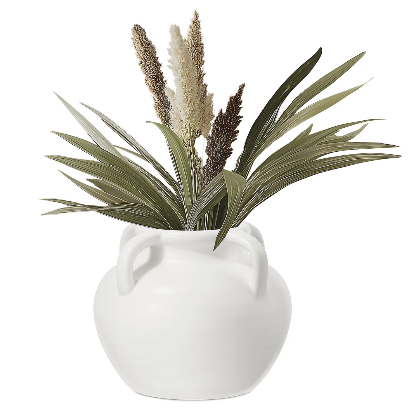 White vase with decorative plants on a white background