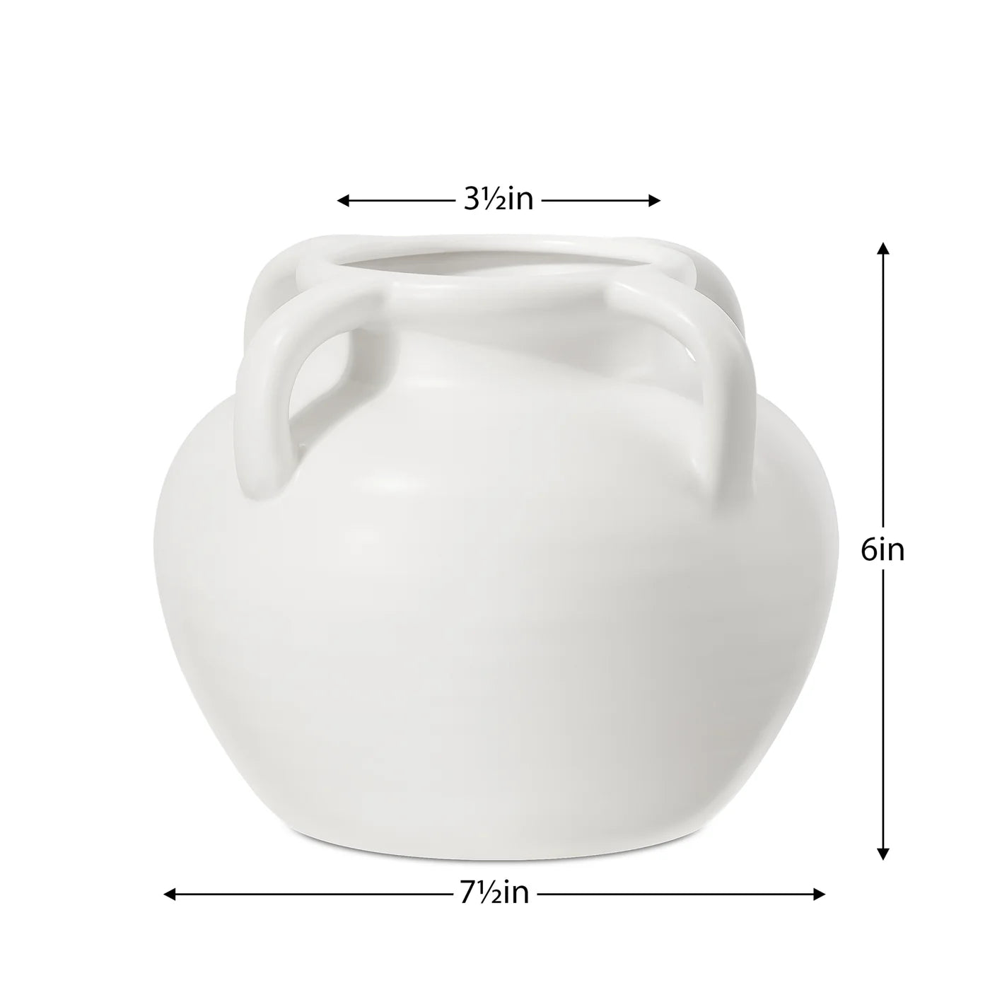 White ceramic vase with dimensions indicated on a white background