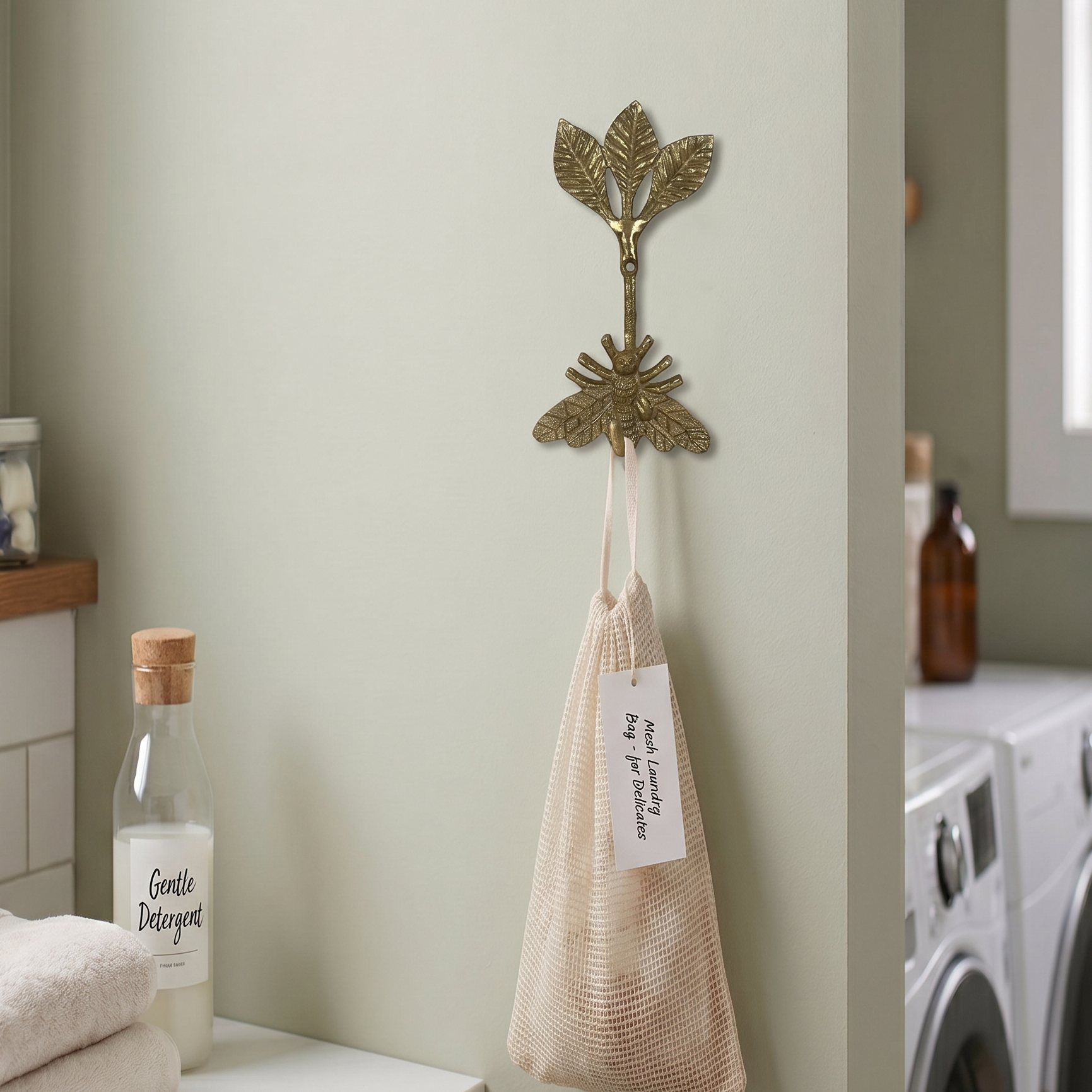 Decorative gold coloured wall hook with bee and 3 leaves, with a laundry bag and bottle in a laundry room.