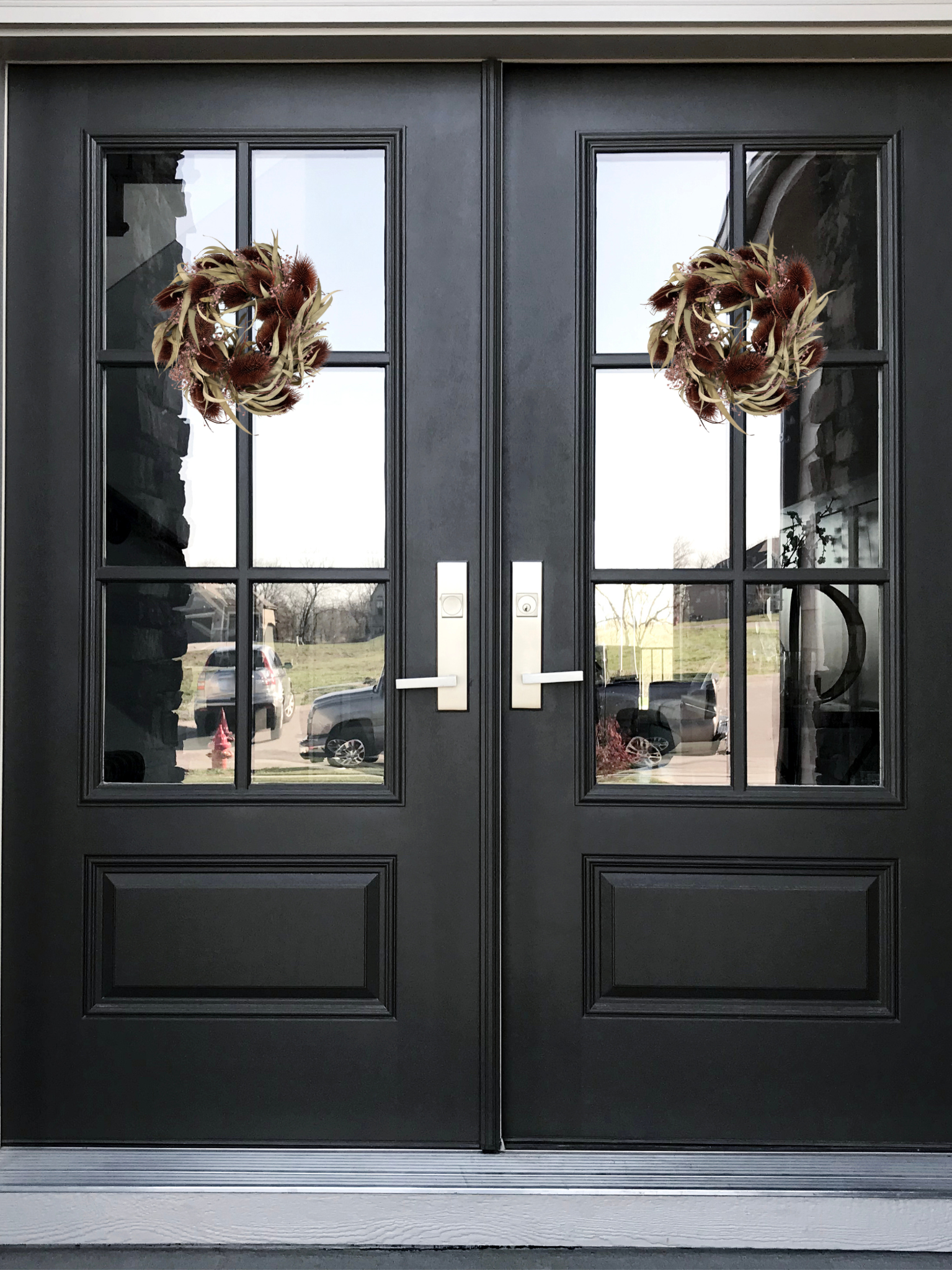 Black double doors with glass panels featuring wreaths, reflecting a residential area.