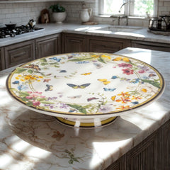 Decorative cake stand with floral and butterfly design on a kitchen counter