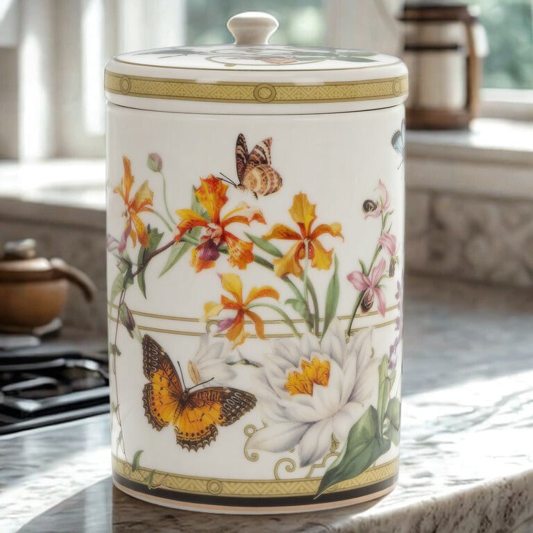 Decorative bone china jar with floral and butterfly design on a kitchen counter.