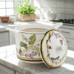 Decorative sugar bowl with lid on a kitchen counter