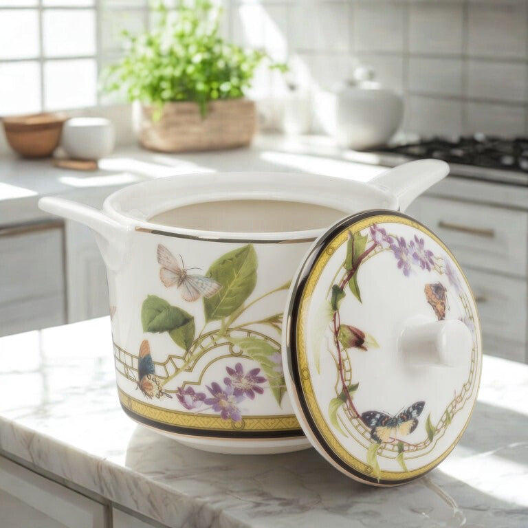 Decorative sugar bowl with lid on a kitchen counter