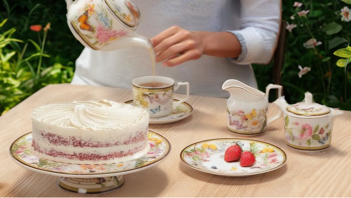 Woman pouring tea in a backyard garden with the beautiful bone china Butterfly Garden Tea set.