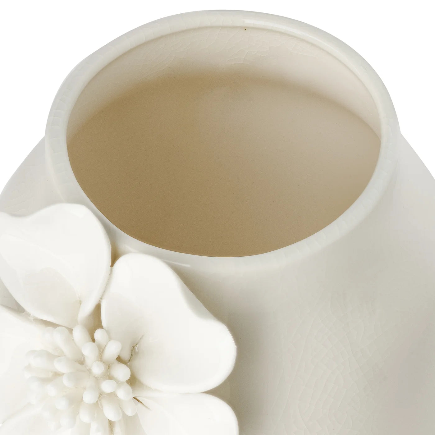 Close-up of the opening of a white ceramic vase with crackle glaze and a floral appliqué on a white background