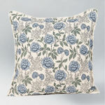 Floral patterned pillow with blue flowers on a ivory background