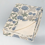 Floral patterned quilt with blue flowers on a ivory background