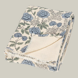 Floral patterned quilt with blue flowers on a ivory background