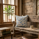 Cozy interior with a wooden bench, floral pillow, and mug near a window.