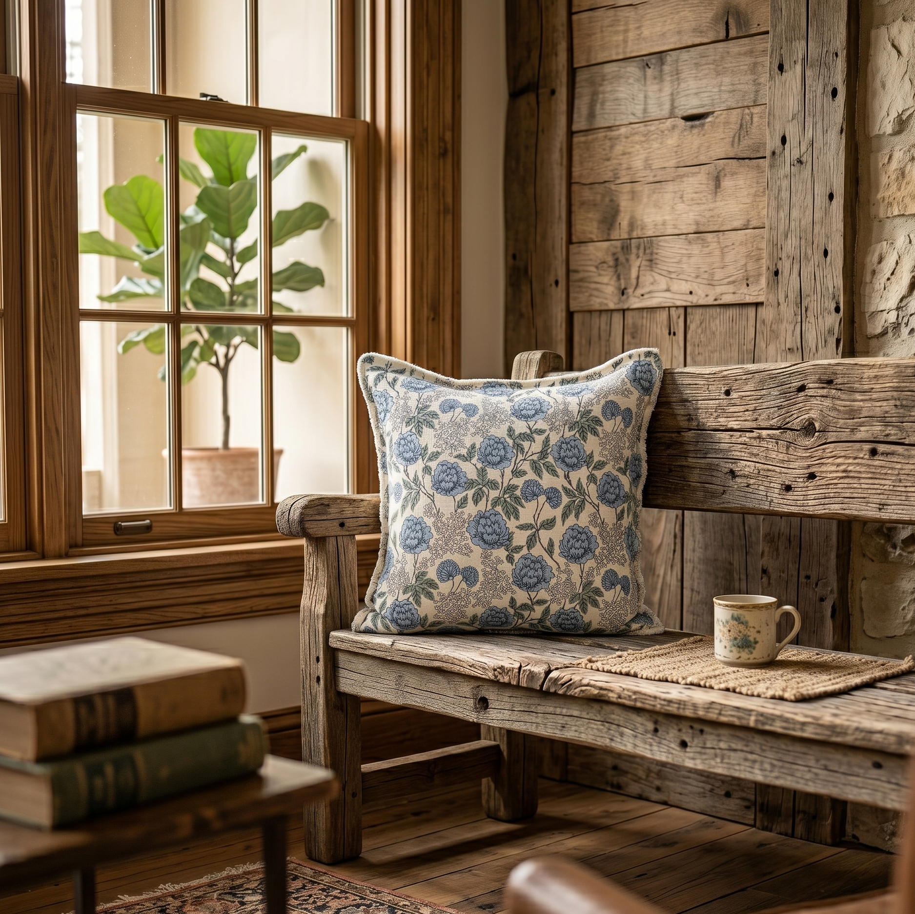 Cozy interior with a wooden bench, floral pillow, and mug near a window.