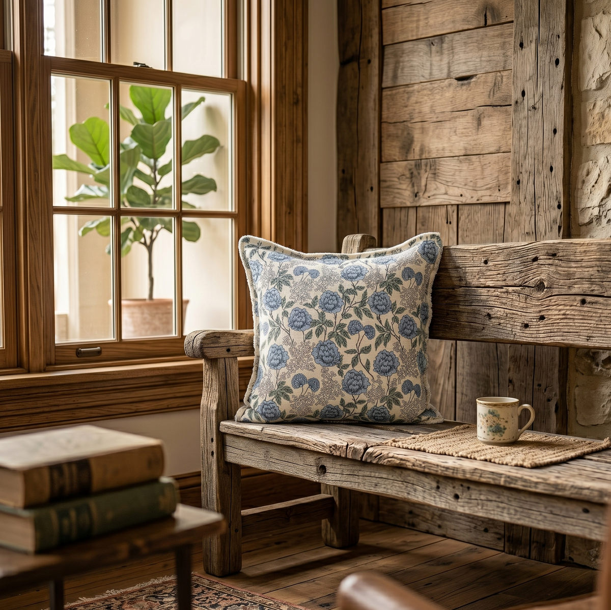 Cozy interior with a wooden bench, floral pillow, and mug near a window.