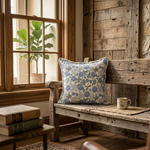 Cozy interior with a wooden bench, floral pillow, and mug near a window. 3
