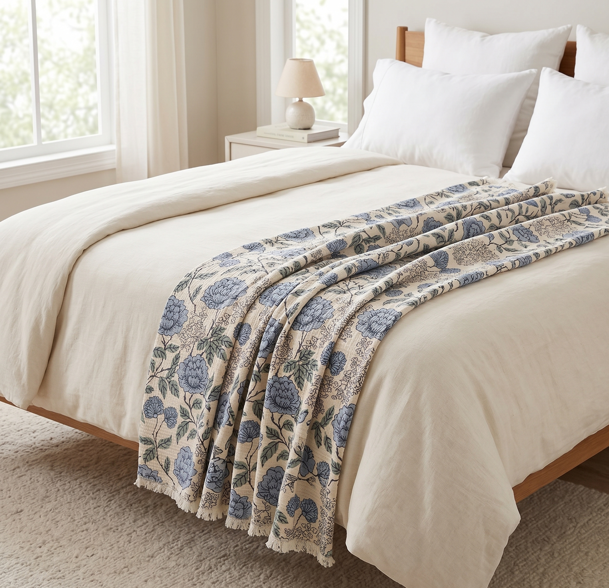 Bedroom with a bed featuring a floral-patterned blanket and white bedding.