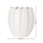 A white ribbed ceramic planter pot with dimension lines indicating a height of 9.5 inches and a width of 8.