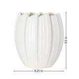 A white ribbed ceramic planter pot with dimension lines indicating a height of 9.5 inches and a width of 8.