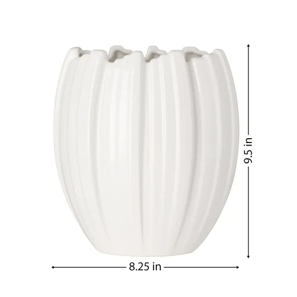 A white ribbed ceramic planter pot with dimension lines indicating a height of 9.5 inches and a width of 8.