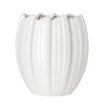 A white ceramic vase with a ribbed, pumpkin-like textured surface and a scalloped rim, shown against a plain white background.