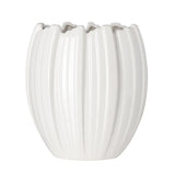 A white ceramic vase with a ribbed, pumpkin-like textured surface and a scalloped rim, shown against a plain white background.
