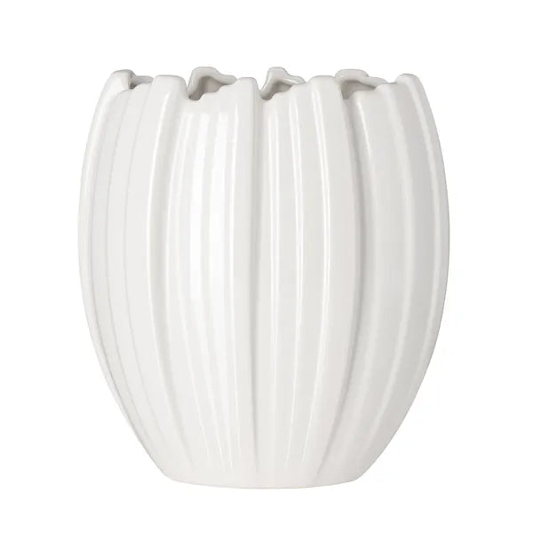 A white ceramic vase with a ribbed, pumpkin-like textured surface and a scalloped rim, shown against a plain white background.