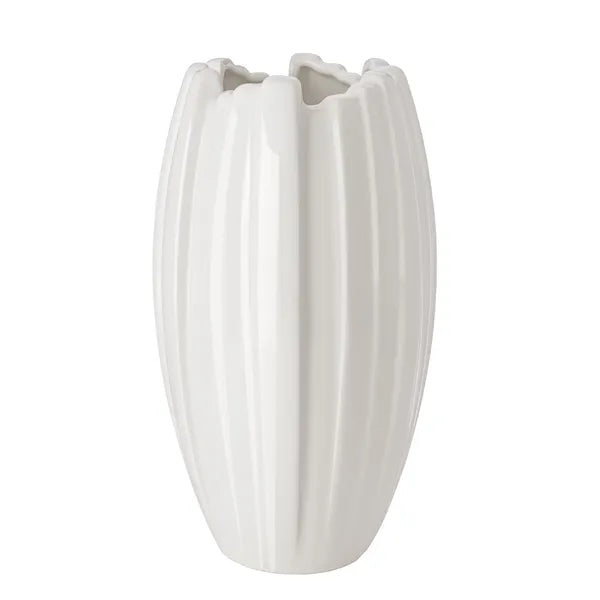 A white ceramic vase with a fluted, ribbed texture and a scalloped rim, shown against a plain white background.