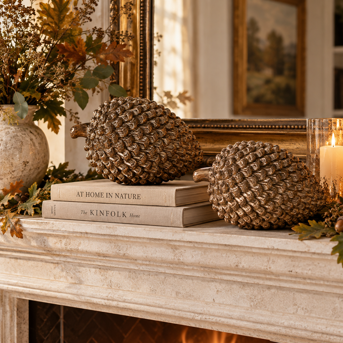 Two large metallic gold pinecones displayed on a fireplace mantel with stacked books, candles in glass holders, autumn leaves, and a vase of dried foliage in a warm, decorated interior setting.