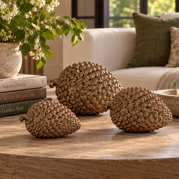 Three woven brown decorative pinecones on a round wooden table in a cozy living room setting with a sofa, pillows, books, and a vase of flowers.