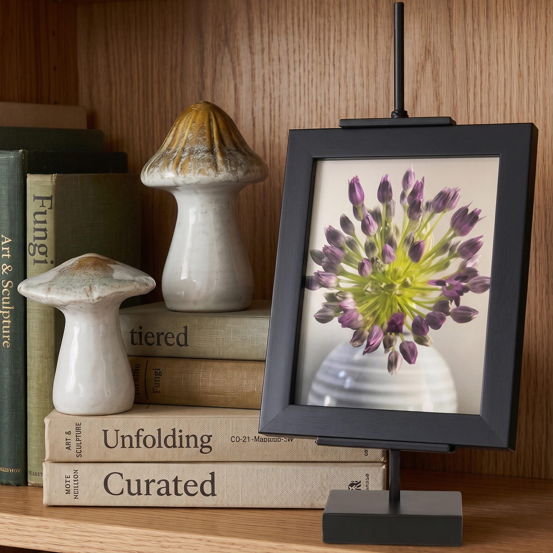 Decorative frame with a floral print on a bookshelf with decorative mushrooms and books.